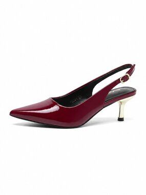 Women Burgundy Low Kitten Heel Slingback Pump Pointed Toe Heeled Sandals